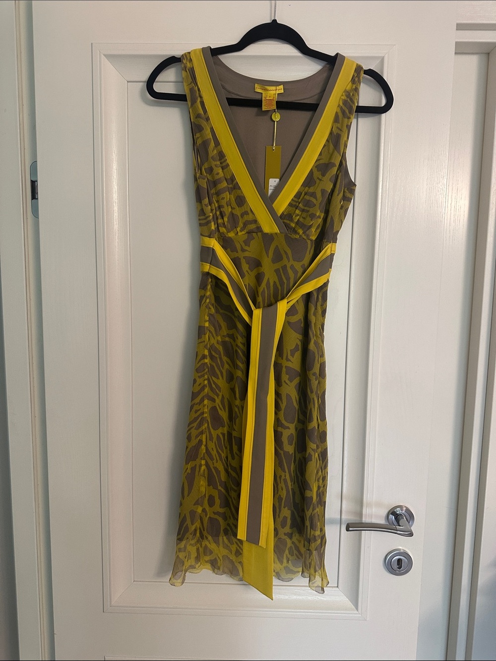Catherine Malandrino Yellow and Olive Print V-Neck Wrap Midi Dress